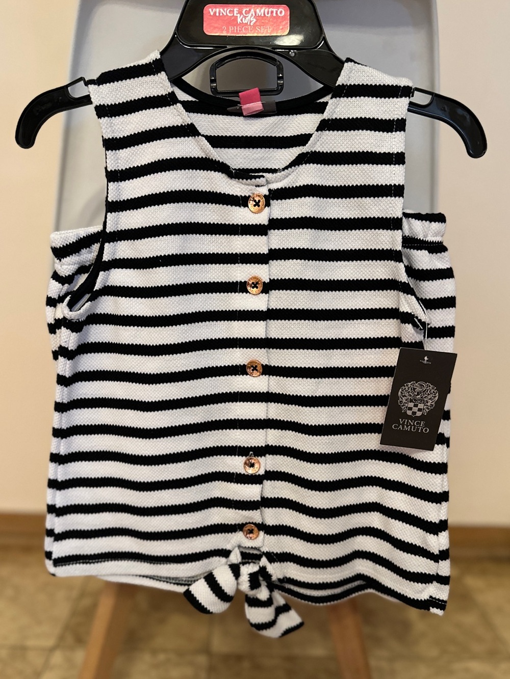 Vince Camuto Black and White Striped Button-Front Tank with Front Knot